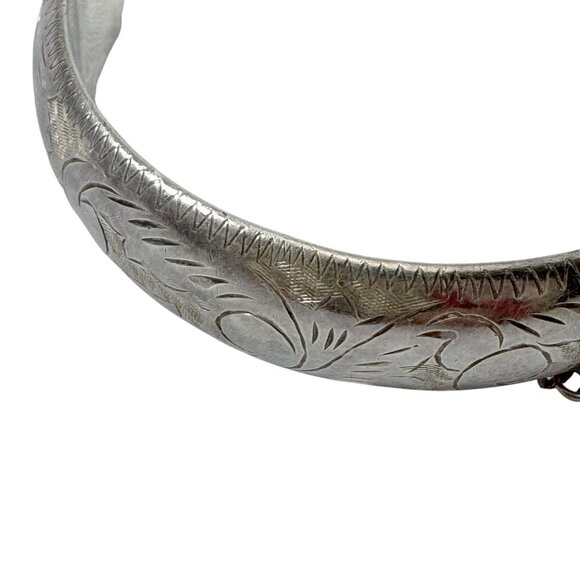 Sterling Silver Hinged Bangle Bracelet Etched Scroll Design Safety Chain - Picture 4 of 6